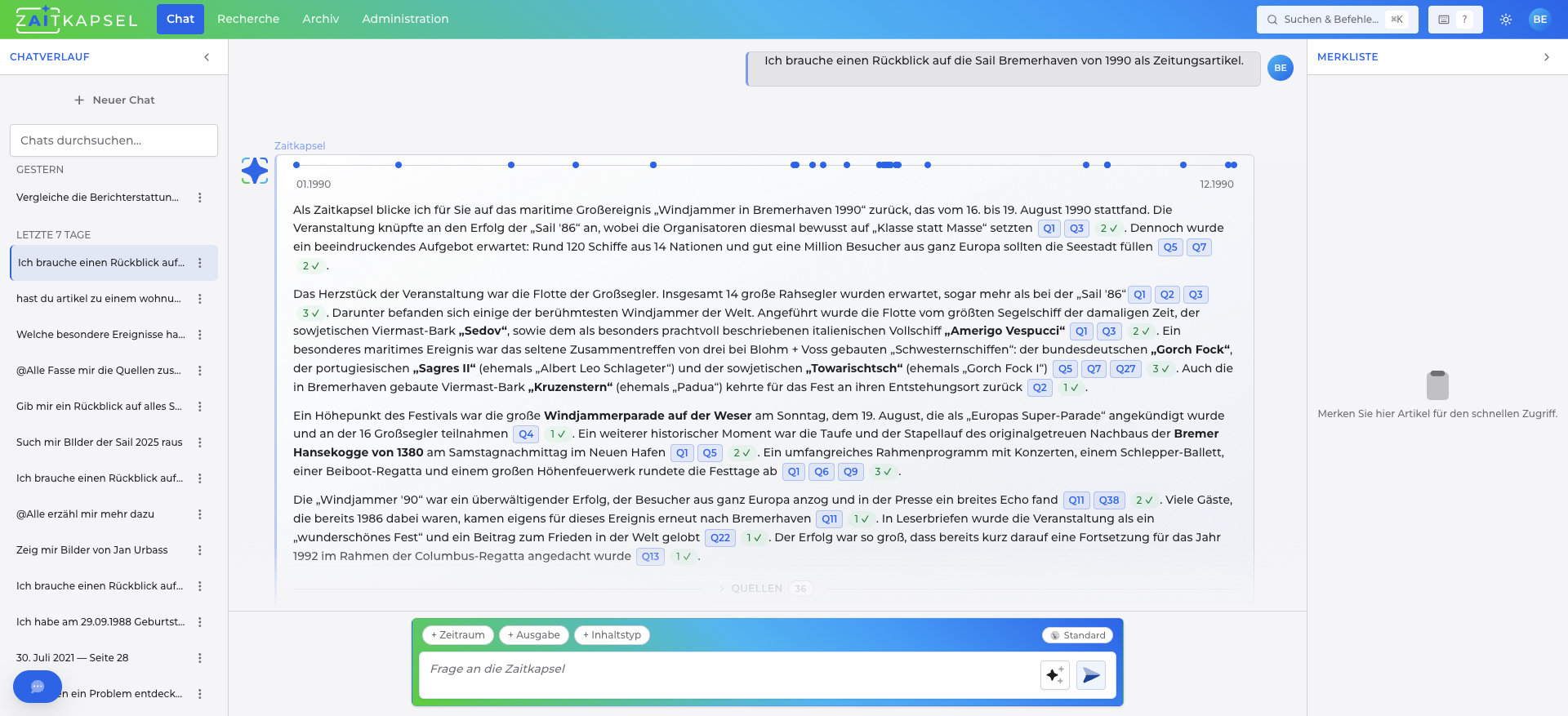 ZAITKAPSEL WebApp: Frage und quellengestützte Antwort mit Zeitstrahl